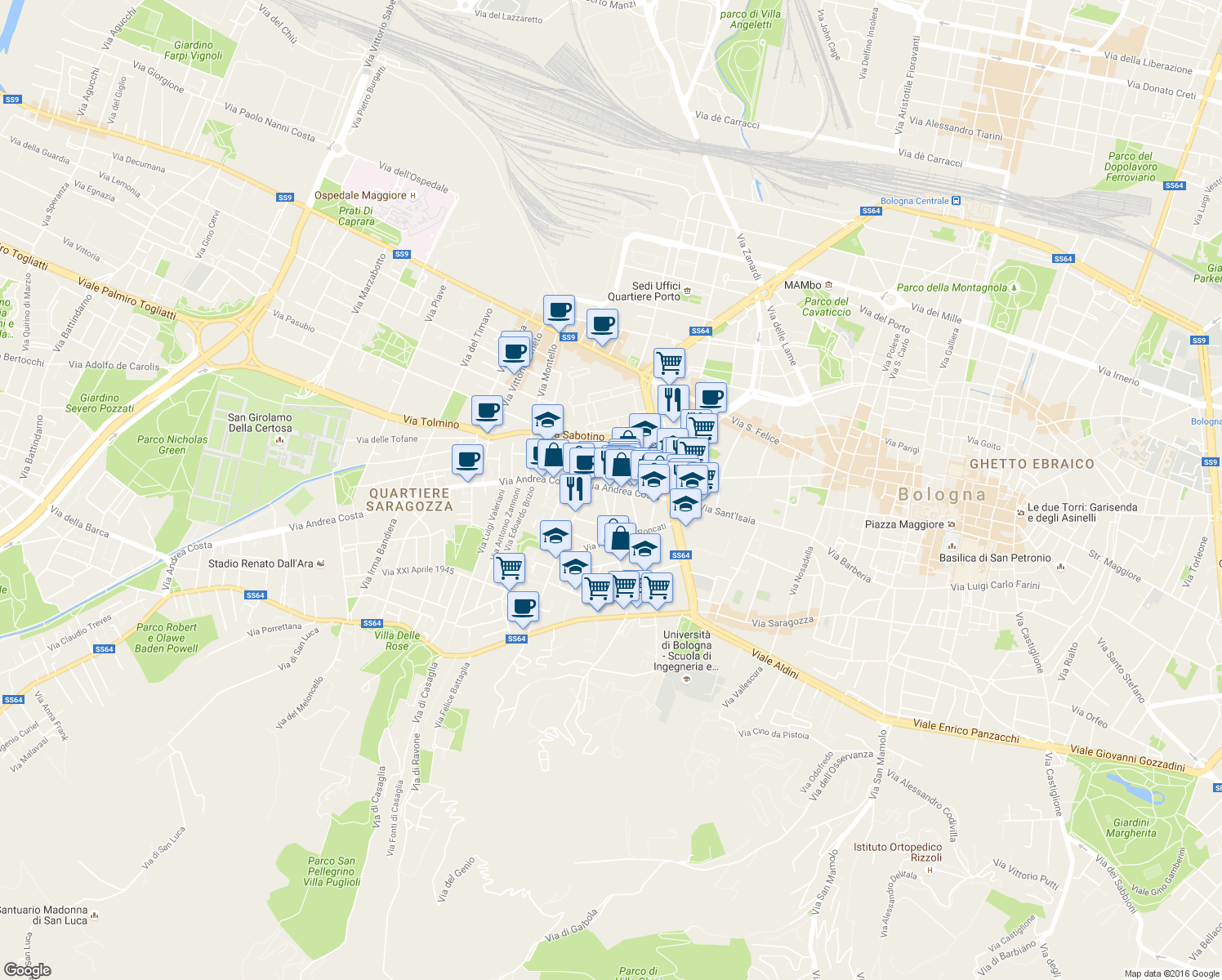 map of restaurants, bars, coffee shops, grocery stores, and more near 9-17 Via Alessandro Guidotti in Bologna