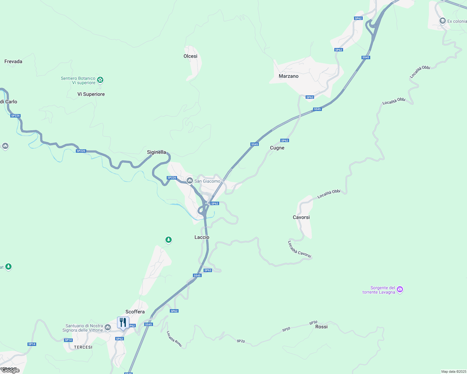 map of restaurants, bars, coffee shops, grocery stores, and more near 13 Località Gaietta in Laccio