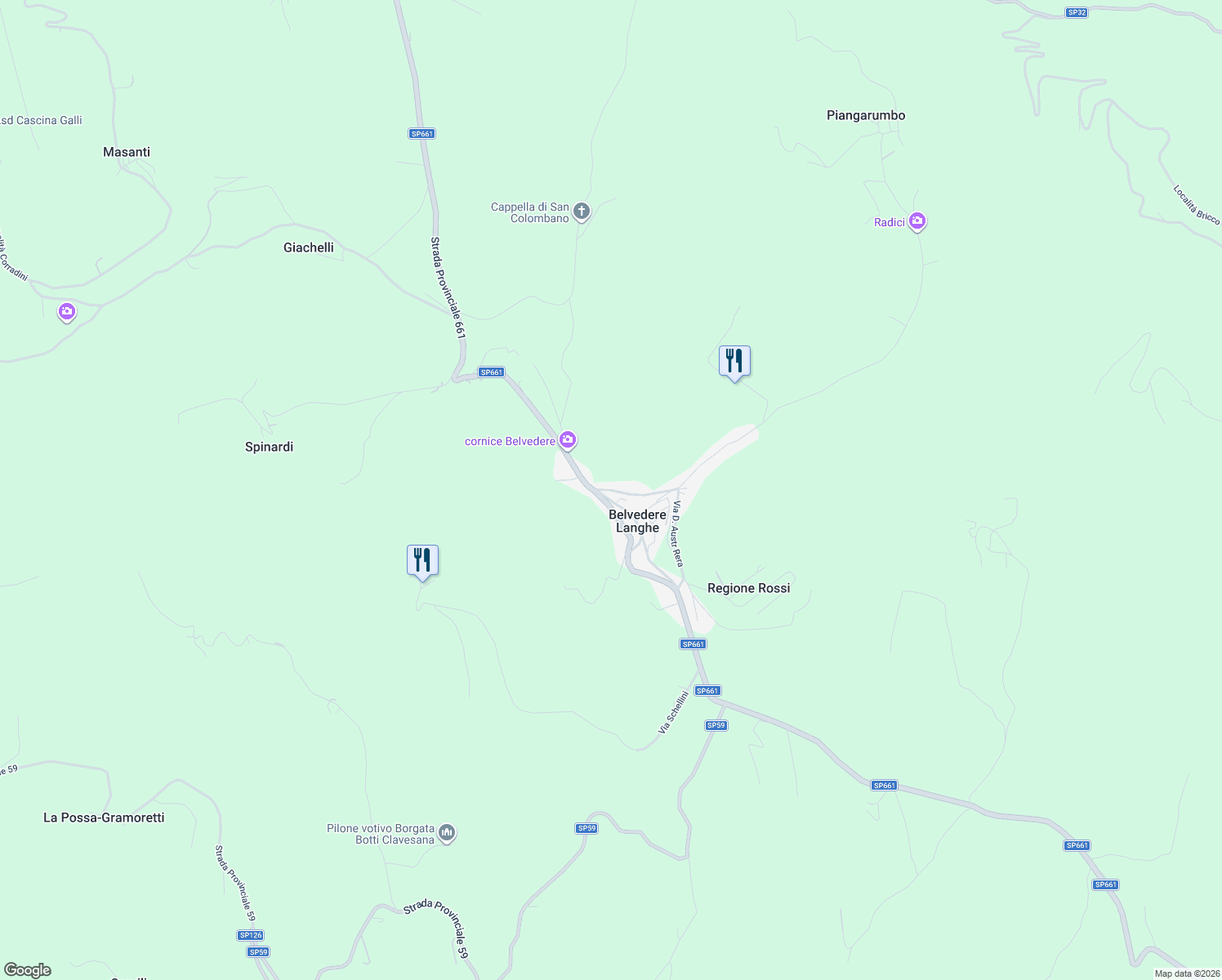 map of restaurants, bars, coffee shops, grocery stores, and more near 54 Strada Provinciale 661 in Belvedere Langhe