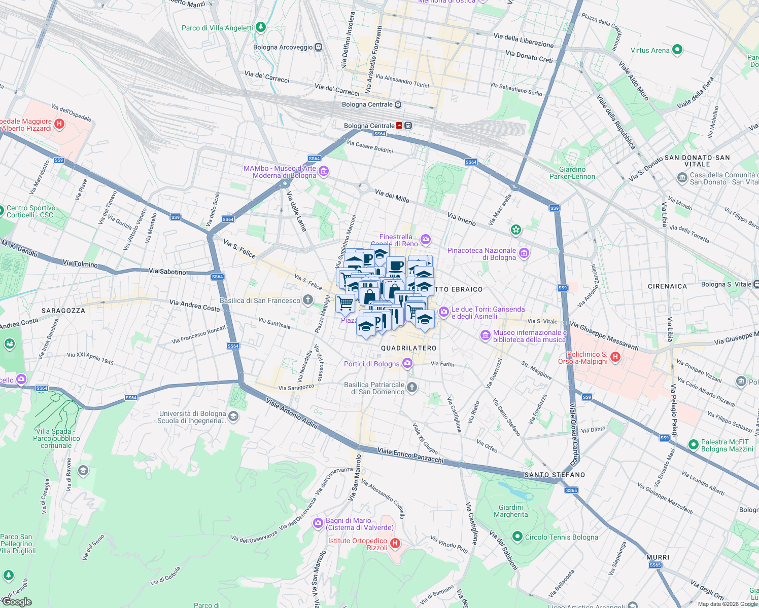 map of restaurants, bars, coffee shops, grocery stores, and more near 2A Via Ugo Bassi in Bologna