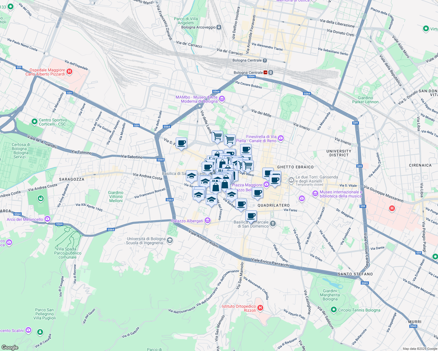 map of restaurants, bars, coffee shops, grocery stores, and more near 14 Piazza San Francesco in Bologna
