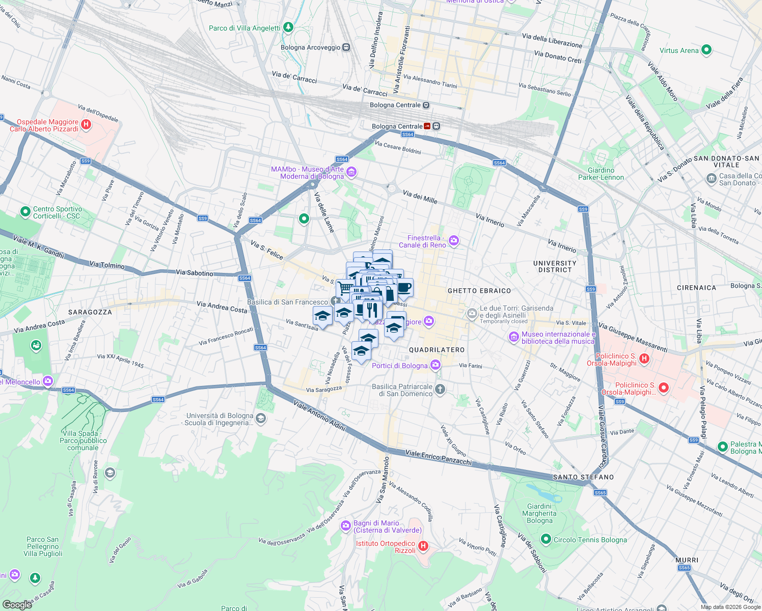 map of restaurants, bars, coffee shops, grocery stores, and more near 2 Via Cesare Battisti in Bologna