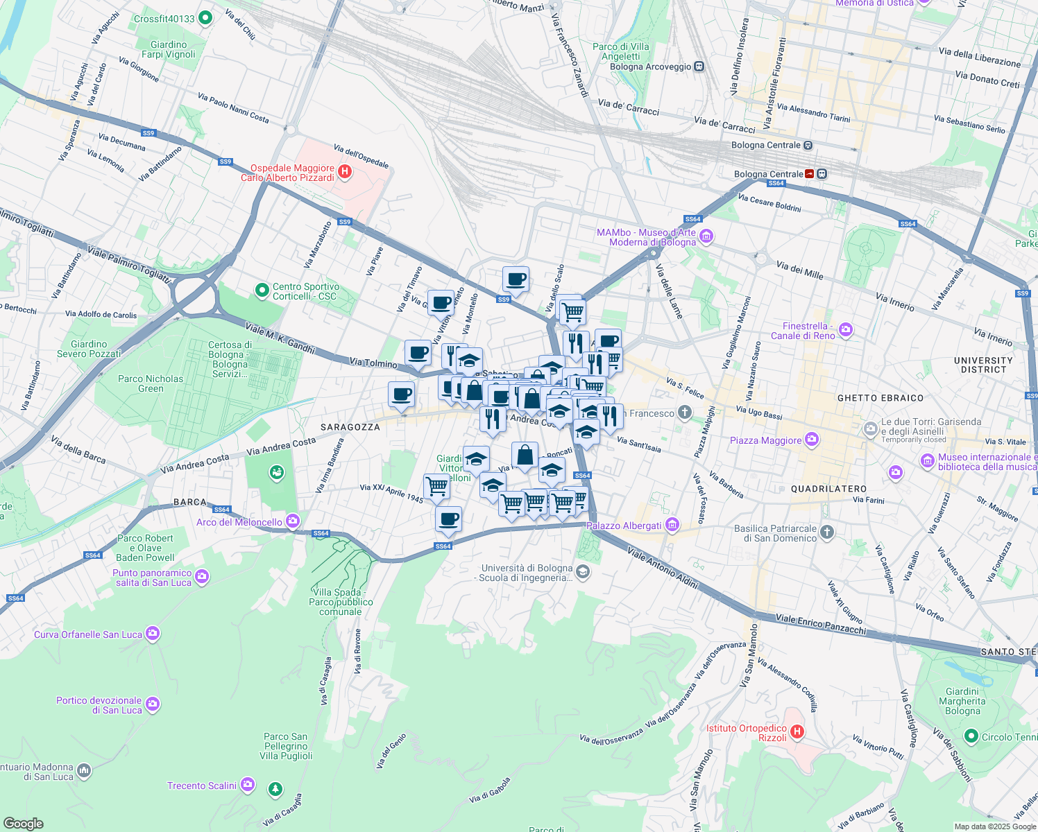 map of restaurants, bars, coffee shops, grocery stores, and more near 17 Via Alessandro Guidotti in Bologna