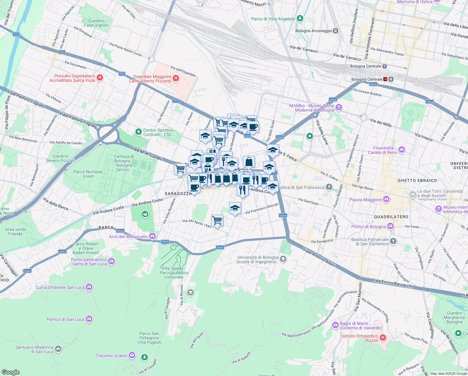 map of restaurants, bars, coffee shops, grocery stores, and more near 62-68 Via Andrea Costa in Bologna