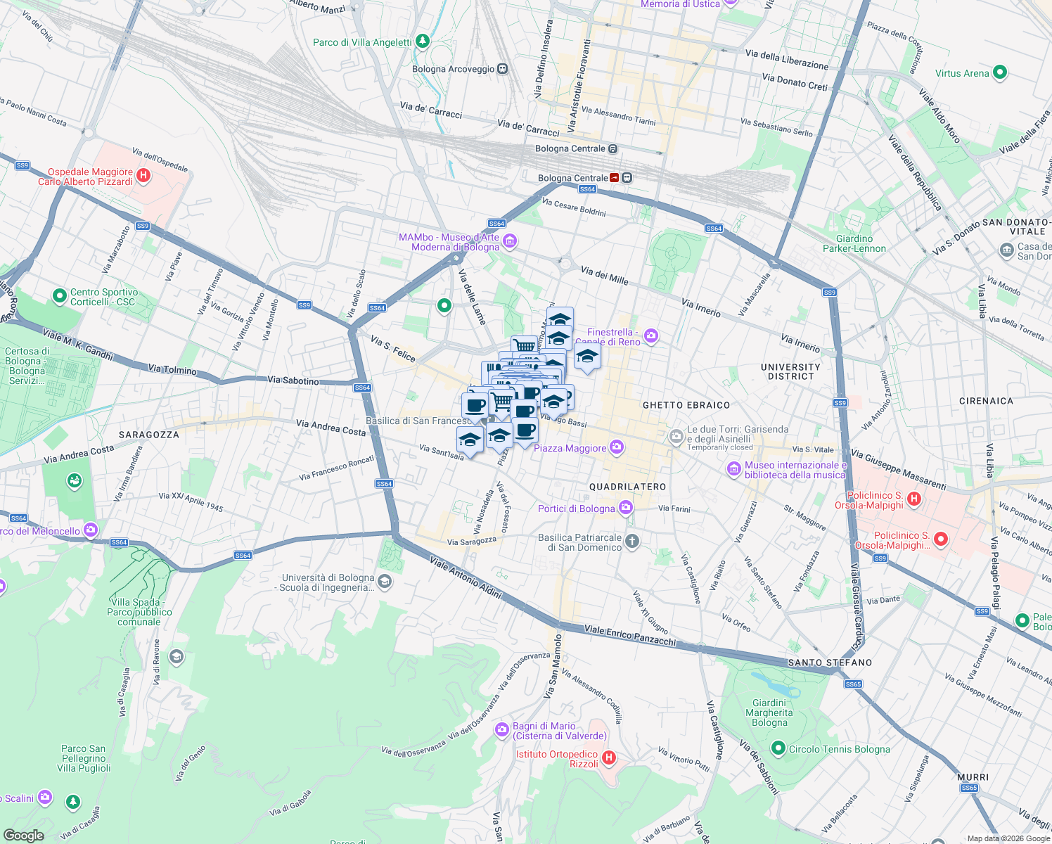 map of restaurants, bars, coffee shops, grocery stores, and more near 1 Via Alfredo Testoni in Bologna