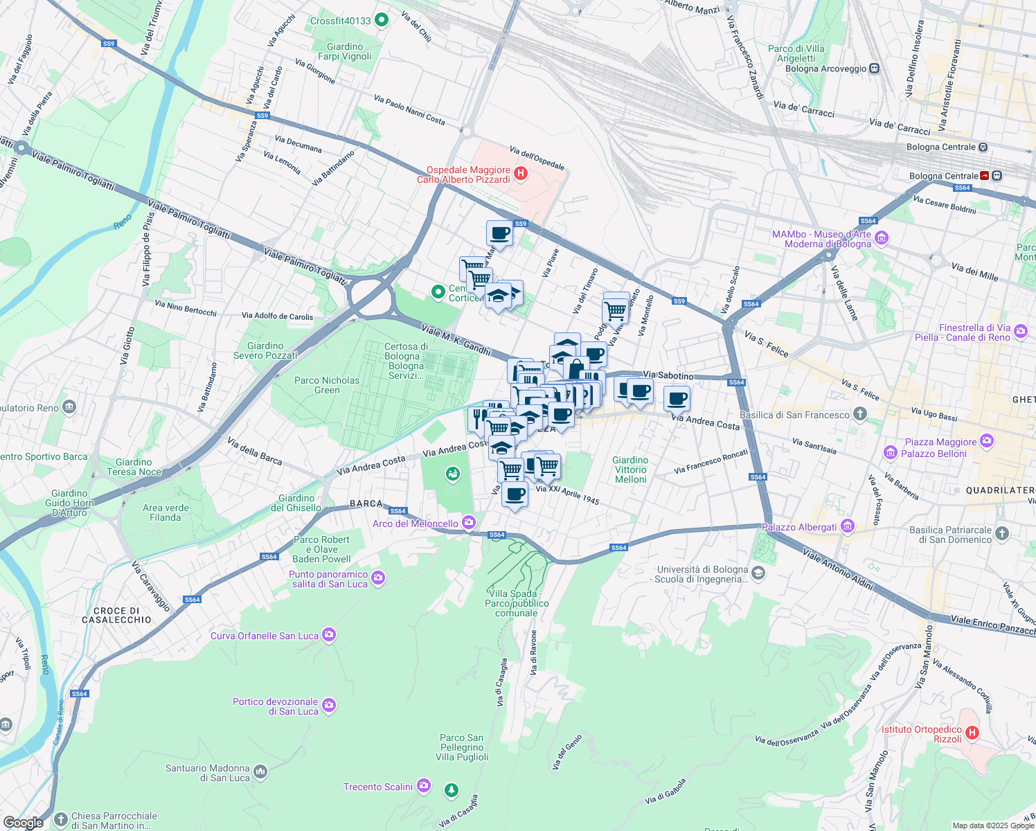 map of restaurants, bars, coffee shops, grocery stores, and more near 23-33 Via Valdossola in Bologna