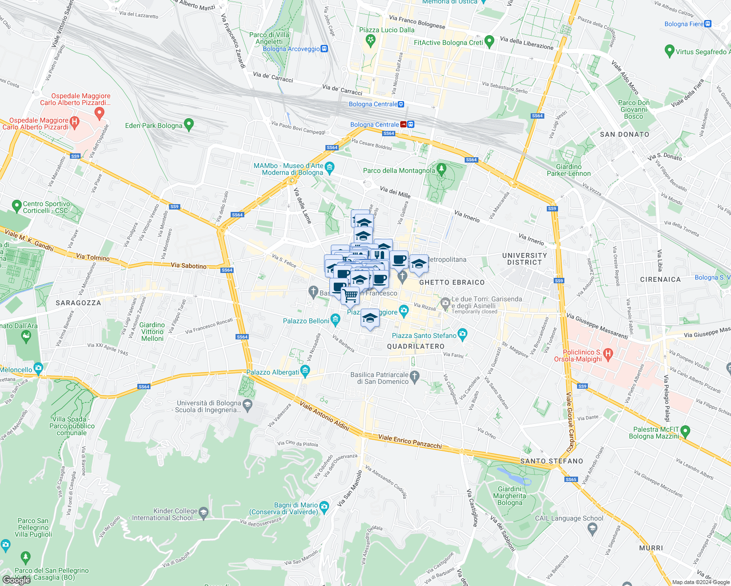 map of restaurants, bars, coffee shops, grocery stores, and more near 11/c Via Monte Grappa in Bologna