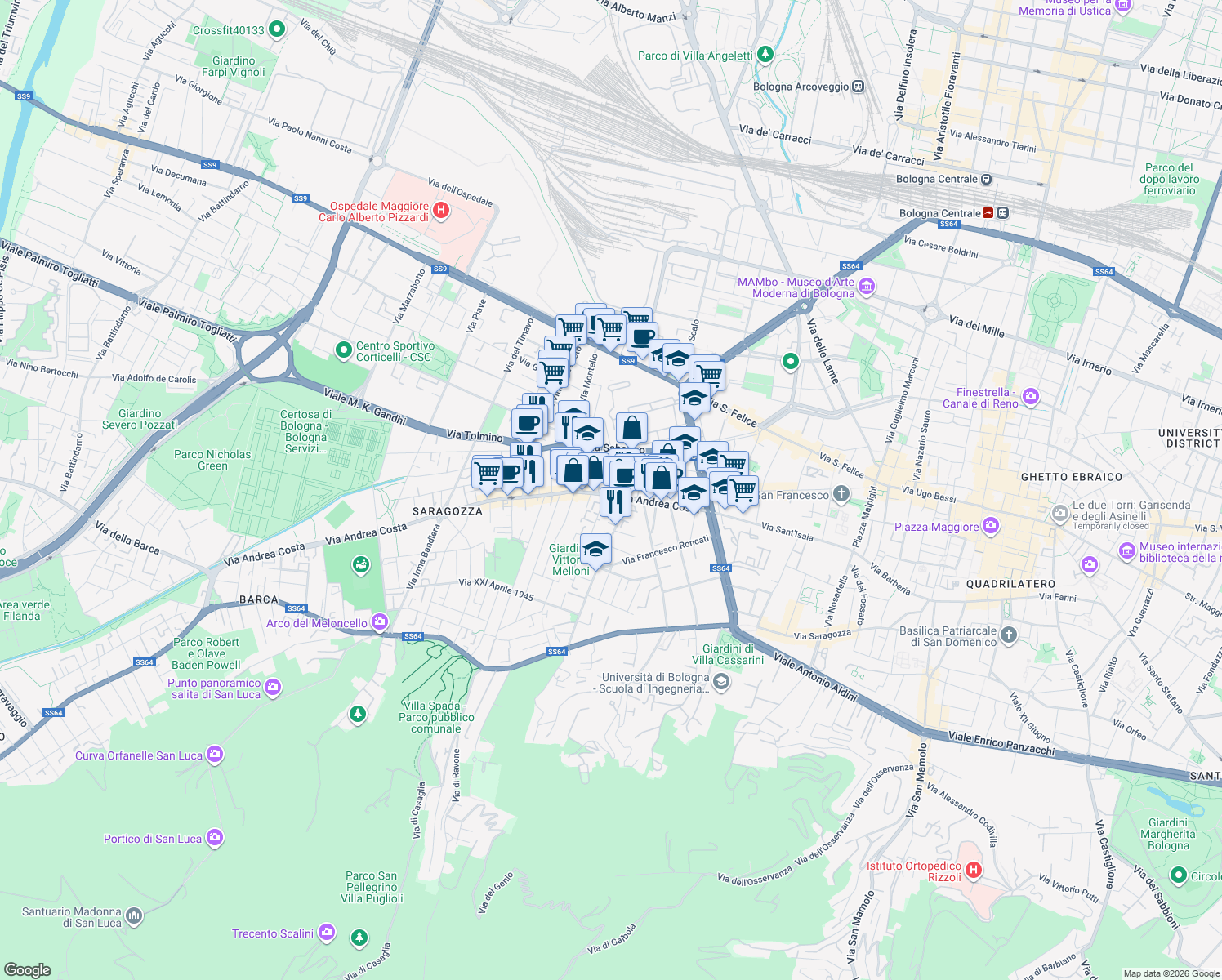 map of restaurants, bars, coffee shops, grocery stores, and more near 7 Via del Carso in Bologna