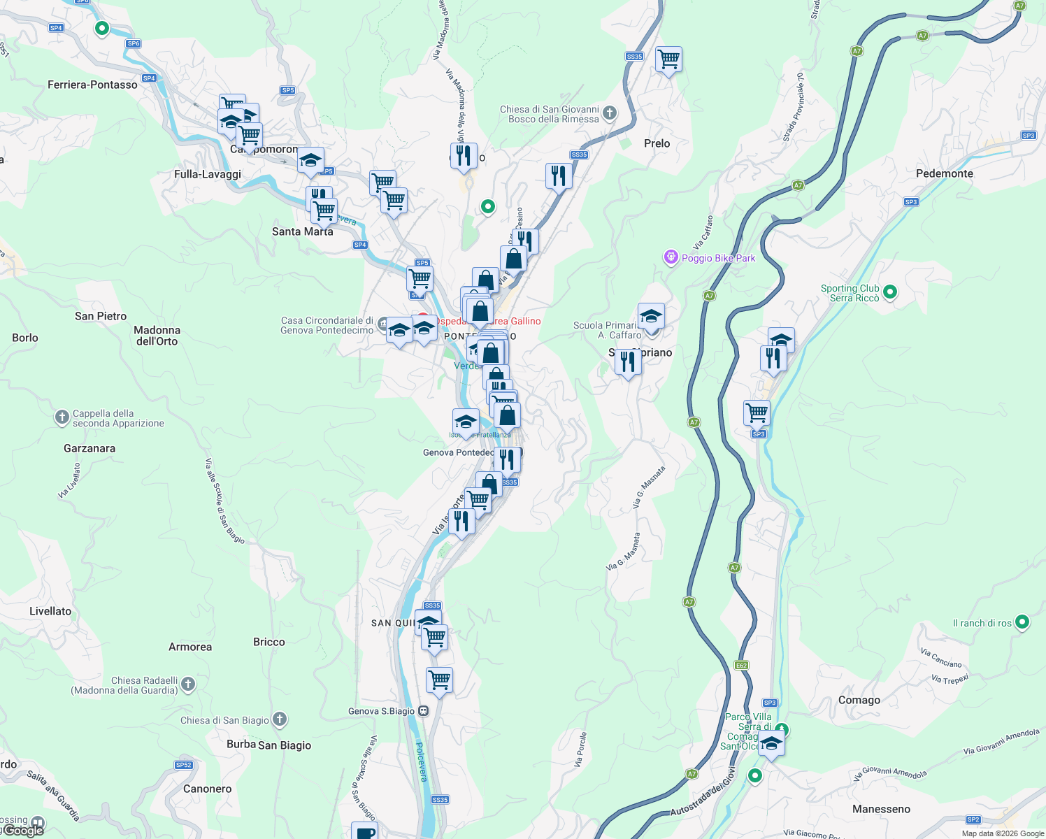 map of restaurants, bars, coffee shops, grocery stores, and more near 2 Via Val D'Astico in Genova