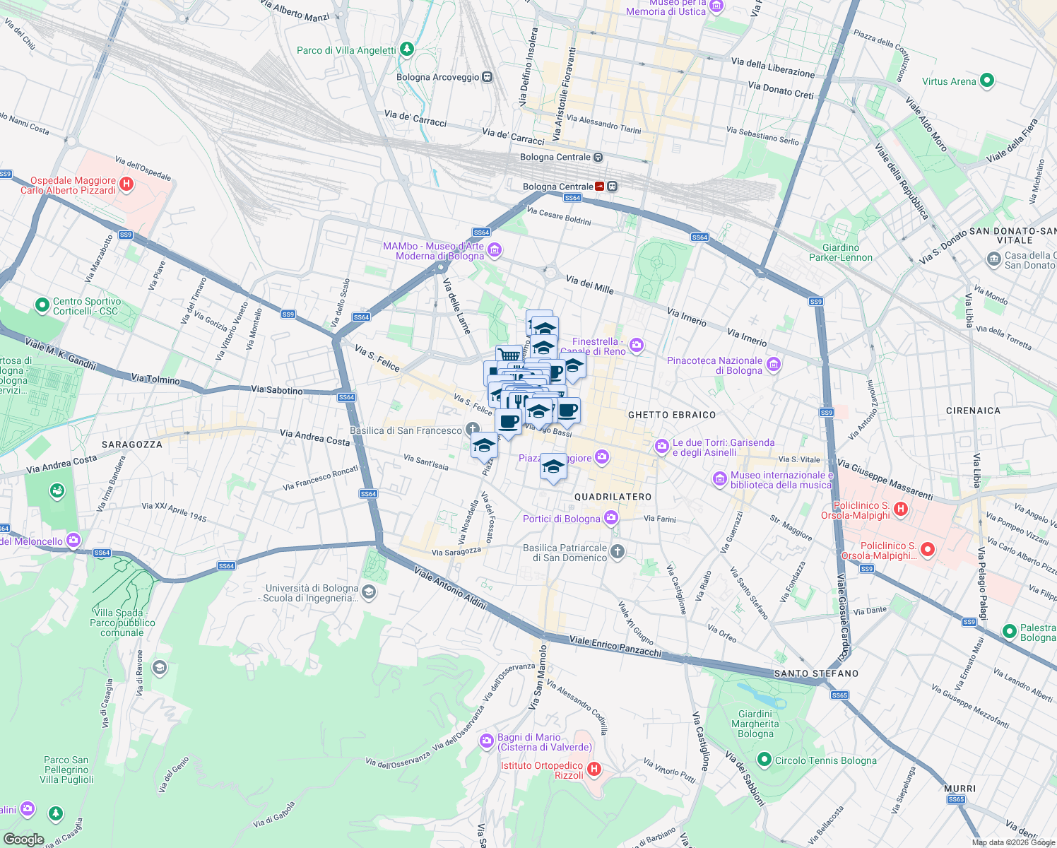 map of restaurants, bars, coffee shops, grocery stores, and more near 21 Via Ugo Bassi in Bologna