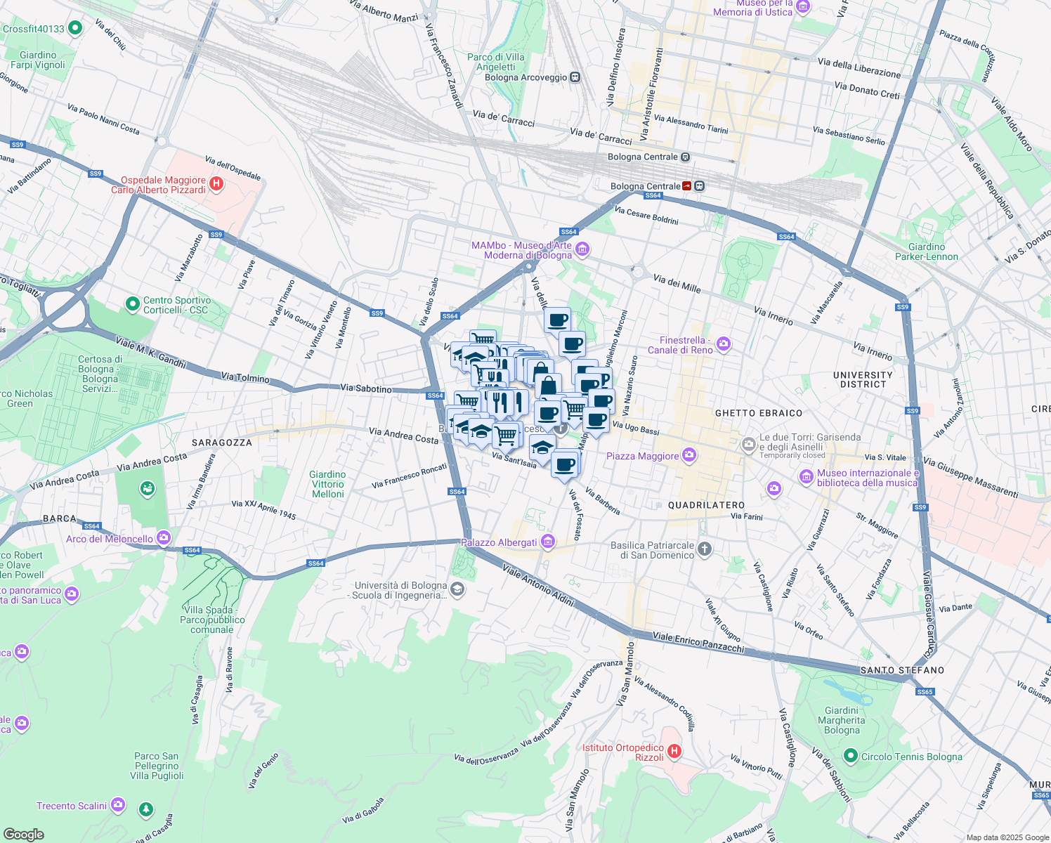 map of restaurants, bars, coffee shops, grocery stores, and more near 17 Via Paradiso in Bologna
