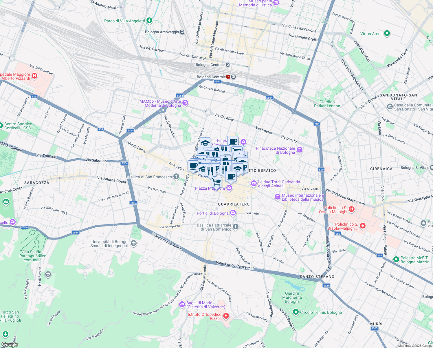 map of restaurants, bars, coffee shops, grocery stores, and more near 5 Via Monte Grappa in Bologna