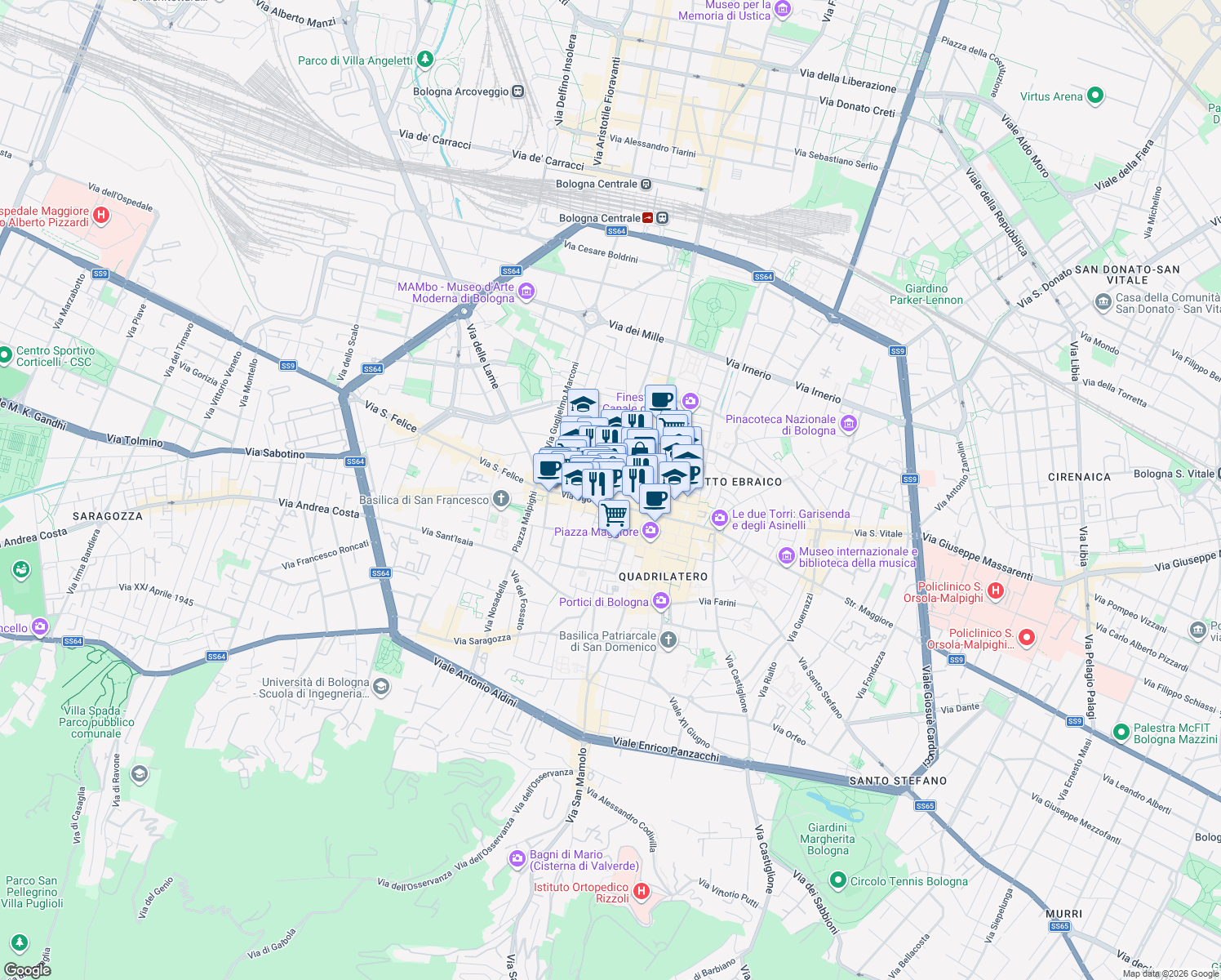 map of restaurants, bars, coffee shops, grocery stores, and more near 5 Via Monte Grappa in Bologna