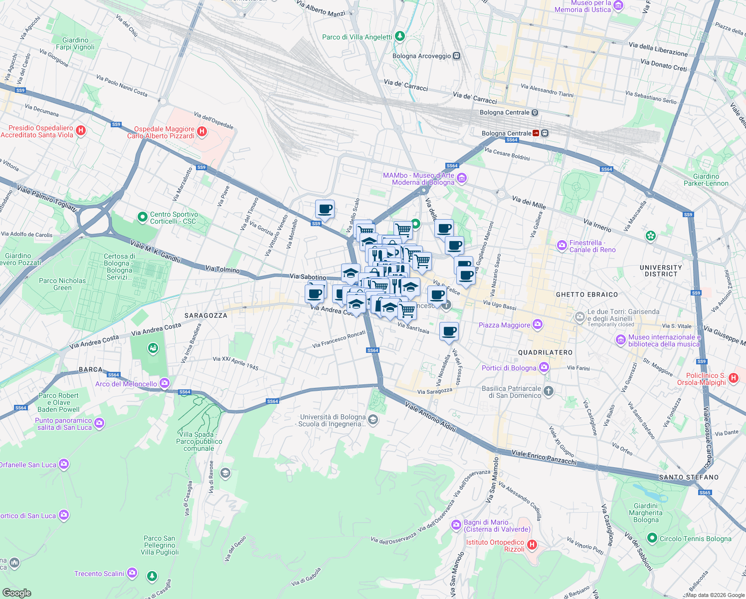 map of restaurants, bars, coffee shops, grocery stores, and more near 5 Via Santa Croce in Bologna