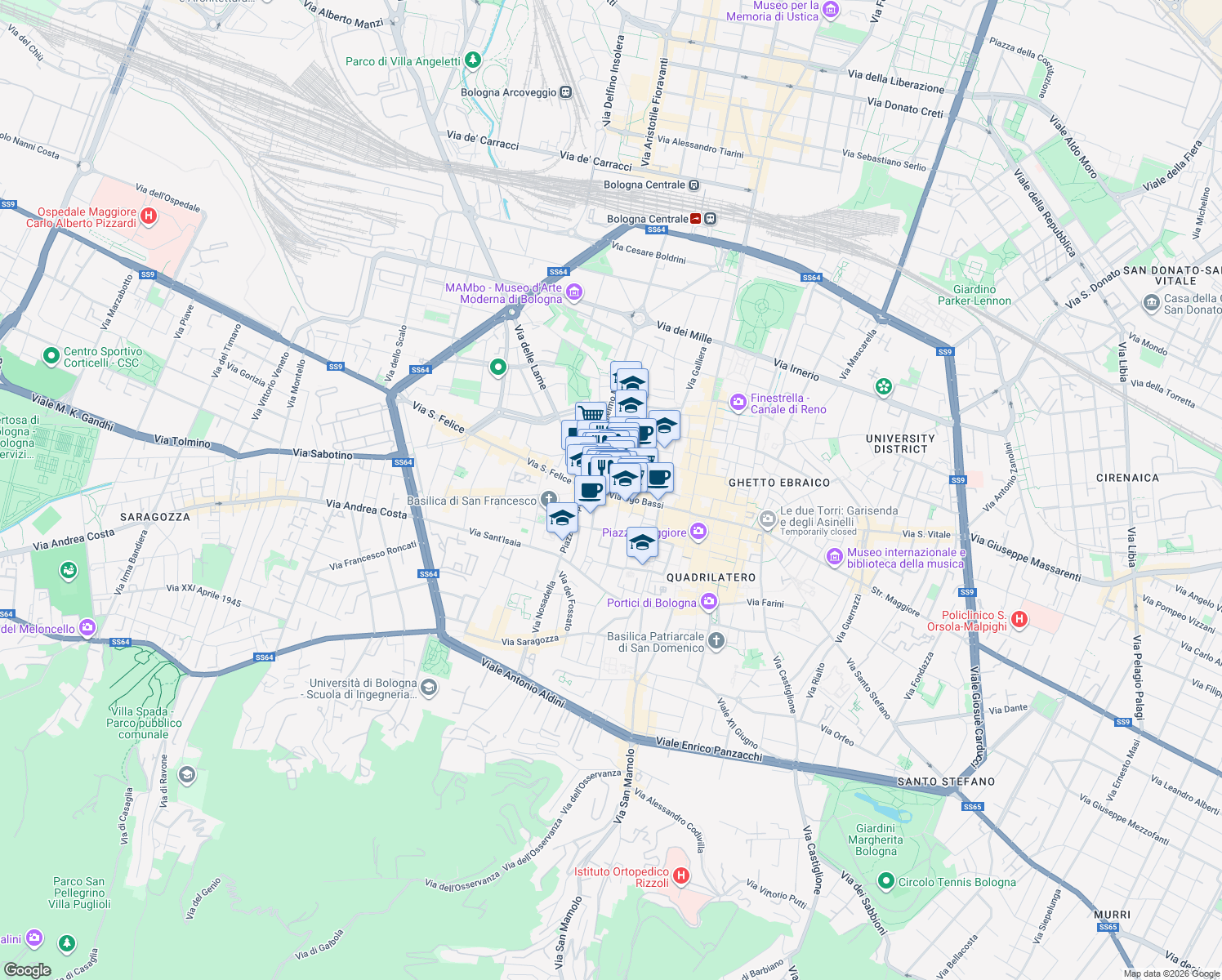 map of restaurants, bars, coffee shops, grocery stores, and more near 21 Via Ugo Bassi in Bologna