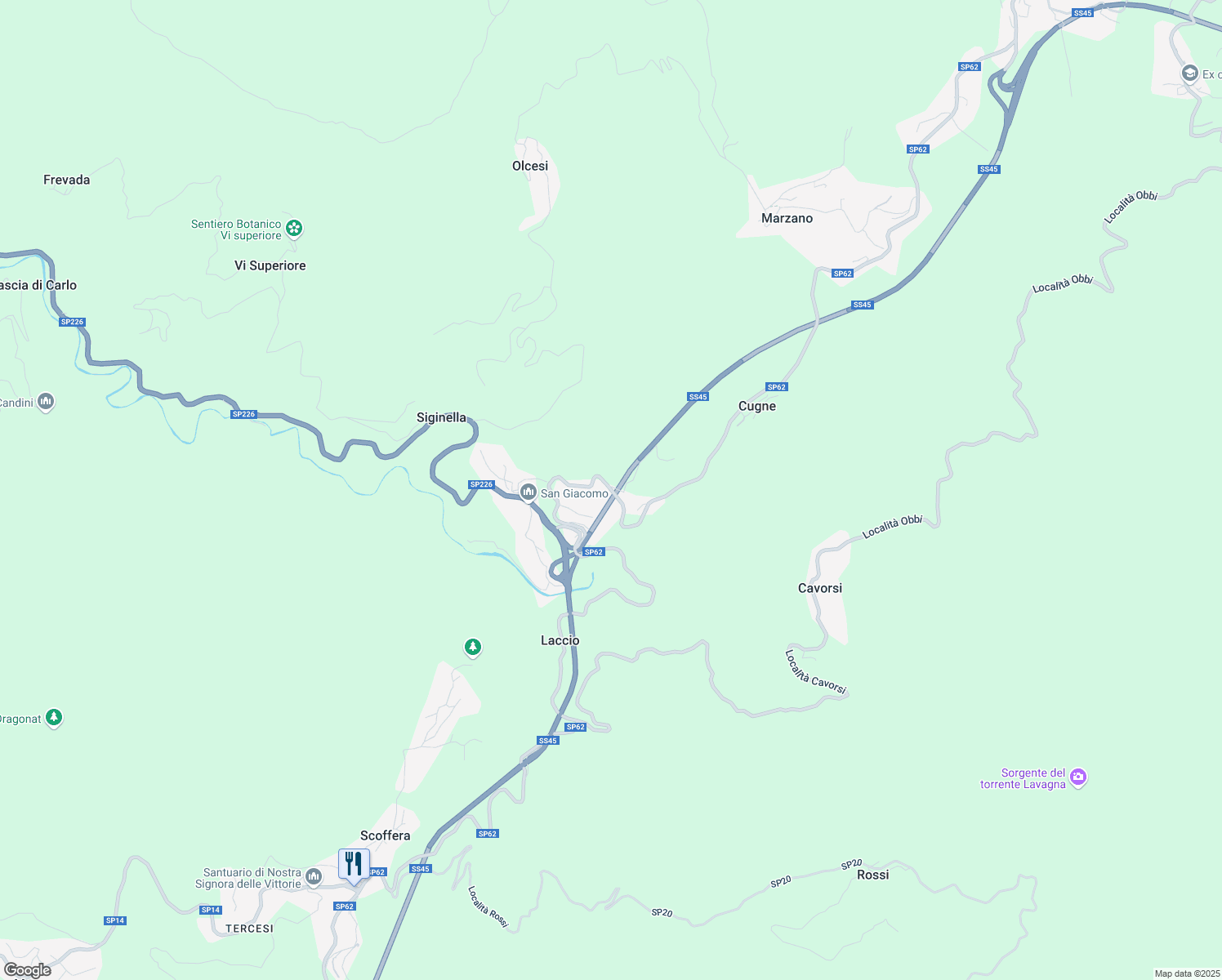 map of restaurants, bars, coffee shops, grocery stores, and more near 13 Località Gaietta in Laccio