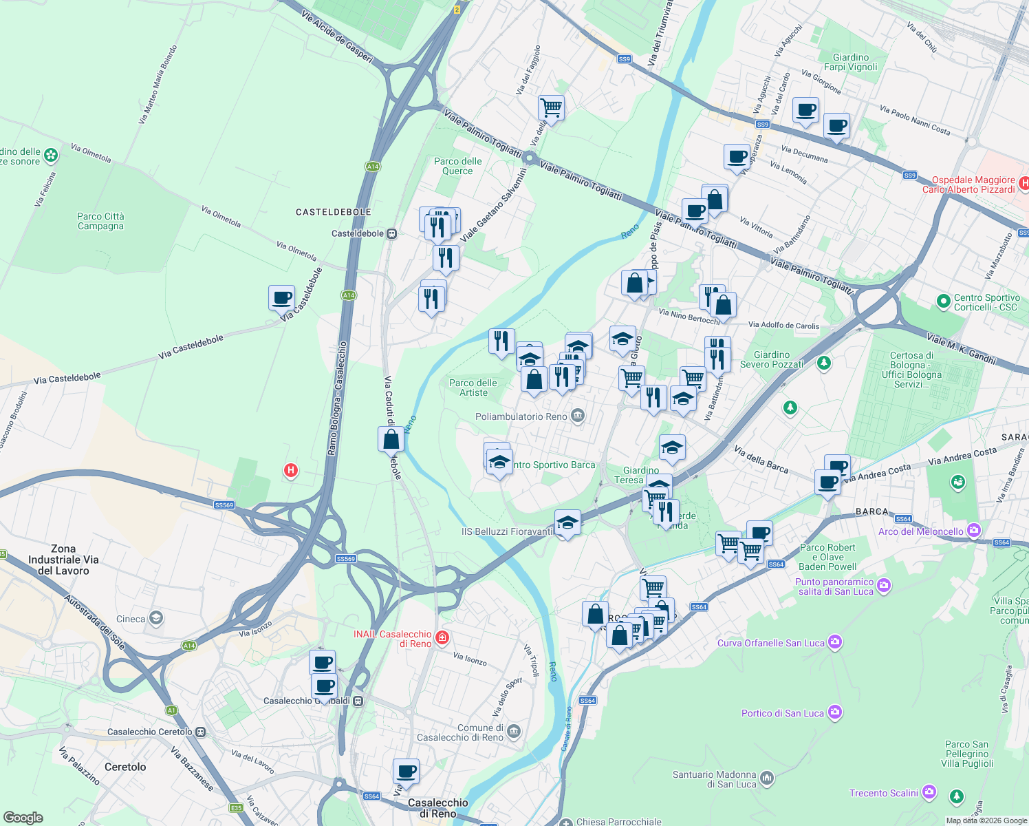 map of restaurants, bars, coffee shops, grocery stores, and more near Via Wolfango Amedeo Mozart in Bologna