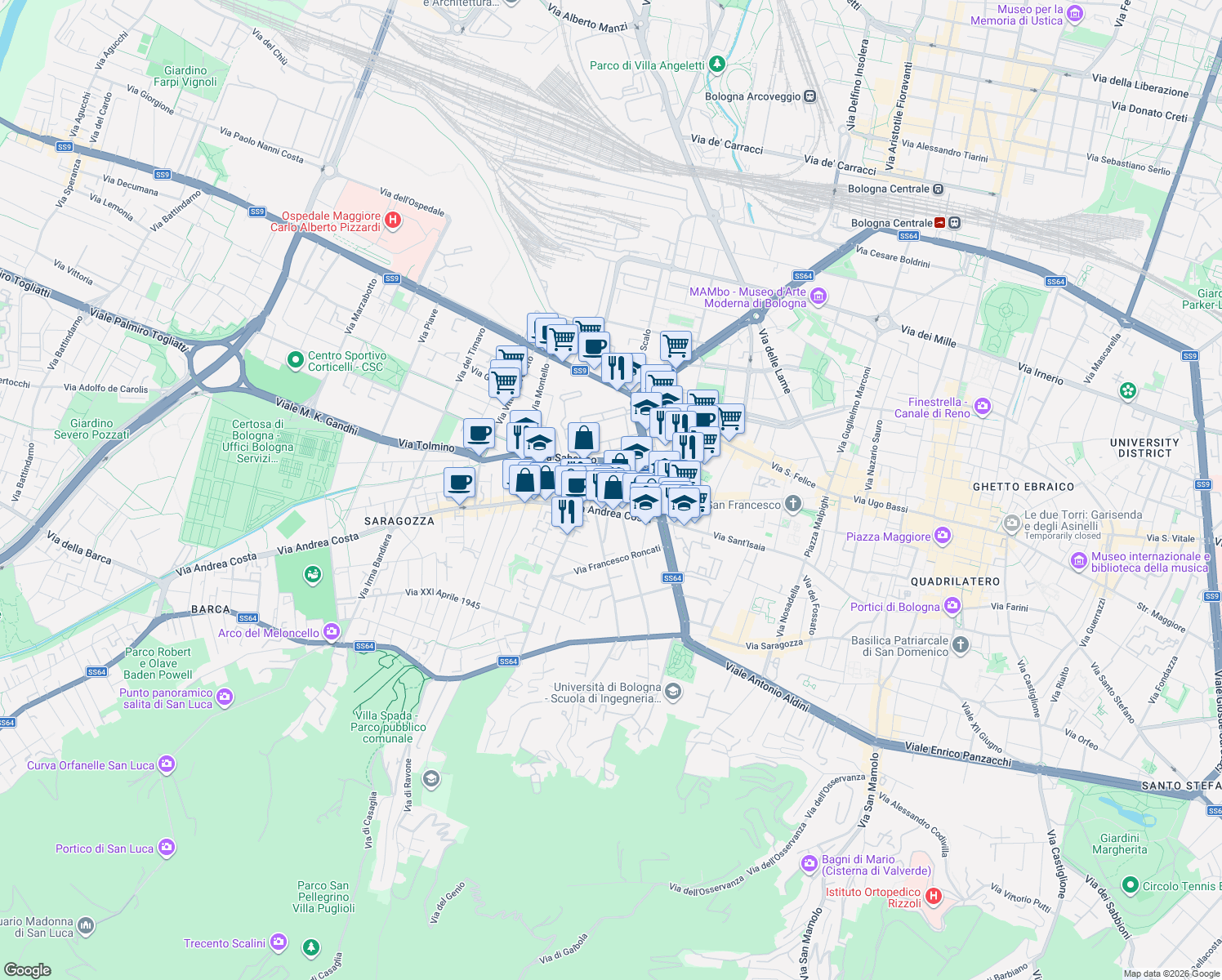 map of restaurants, bars, coffee shops, grocery stores, and more near 14 Via Livio Zambeccari in Bologna