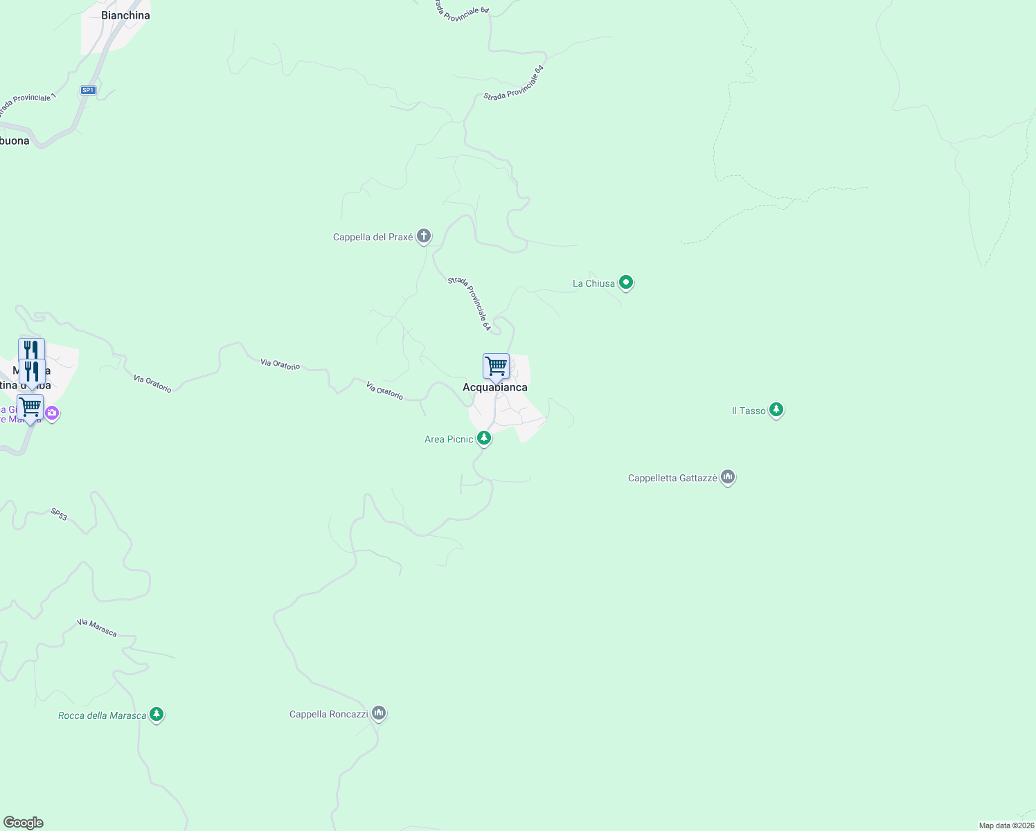 map of restaurants, bars, coffee shops, grocery stores, and more near 43 Via Acquabianca in Acquabianca