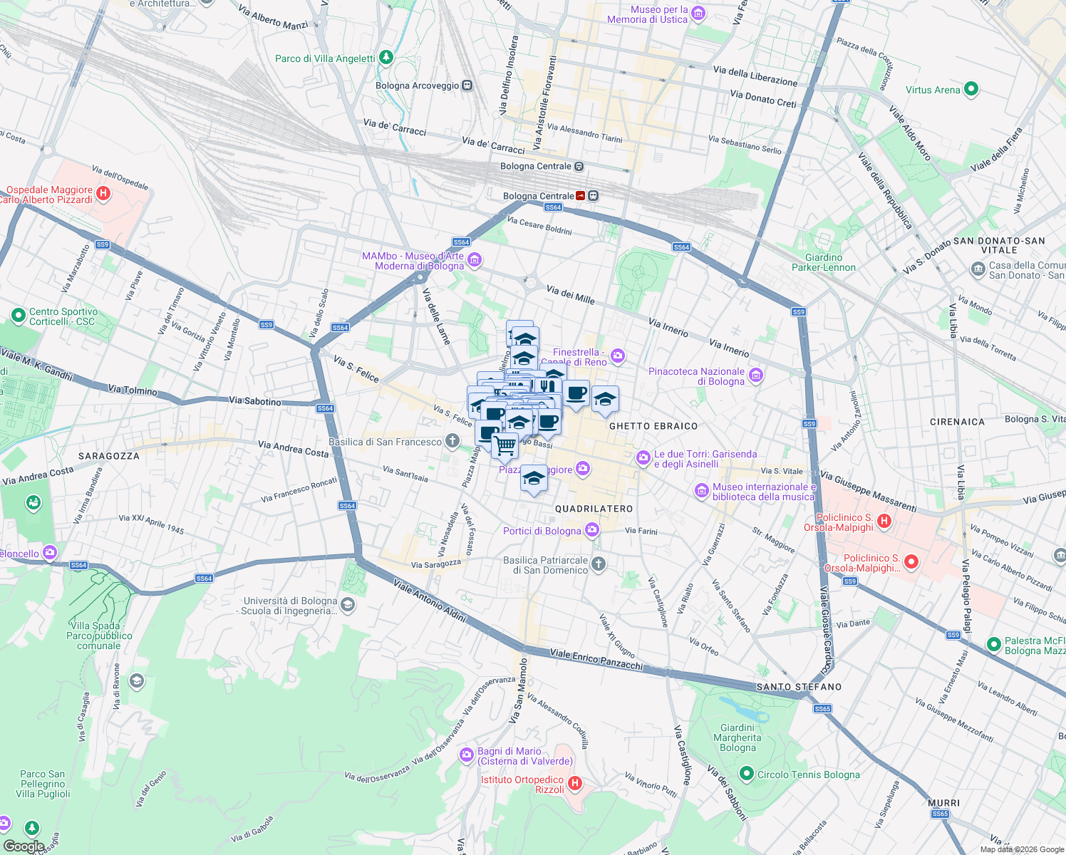 map of restaurants, bars, coffee shops, grocery stores, and more near 11/c Via Monte Grappa in Bologna
