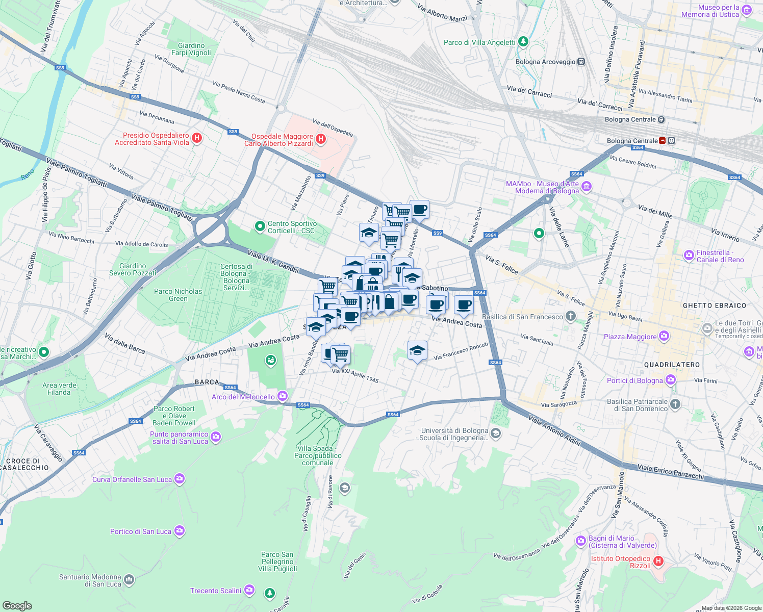 map of restaurants, bars, coffee shops, grocery stores, and more near 12 Via Pier Antonio Rappini in Bologna