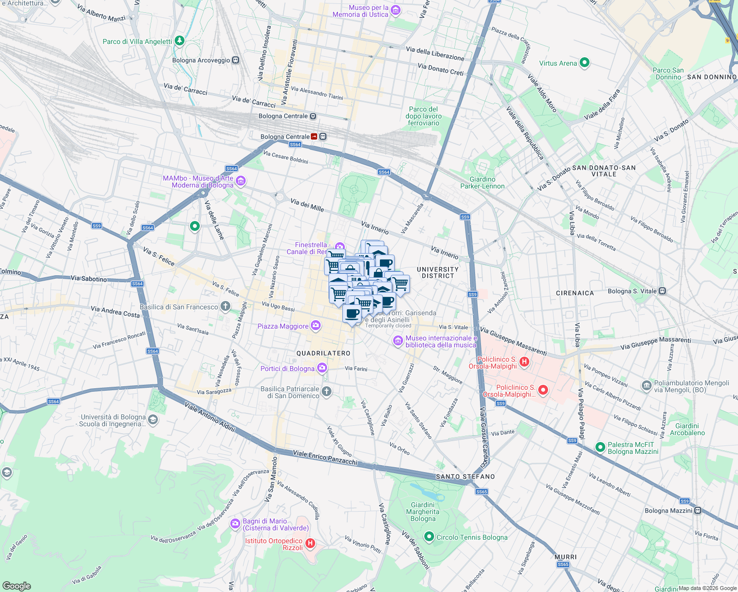 map of restaurants, bars, coffee shops, grocery stores, and more near 4 Via Valdonica in Bologna