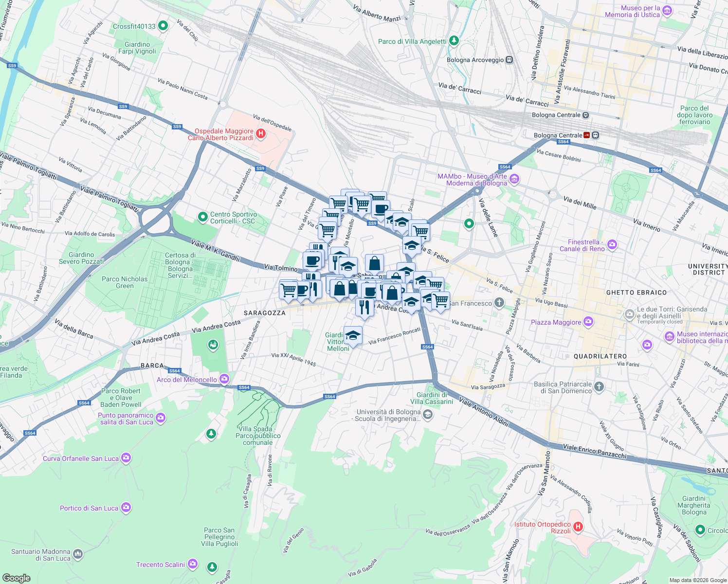 map of restaurants, bars, coffee shops, grocery stores, and more near 7 Via del Carso in Bologna