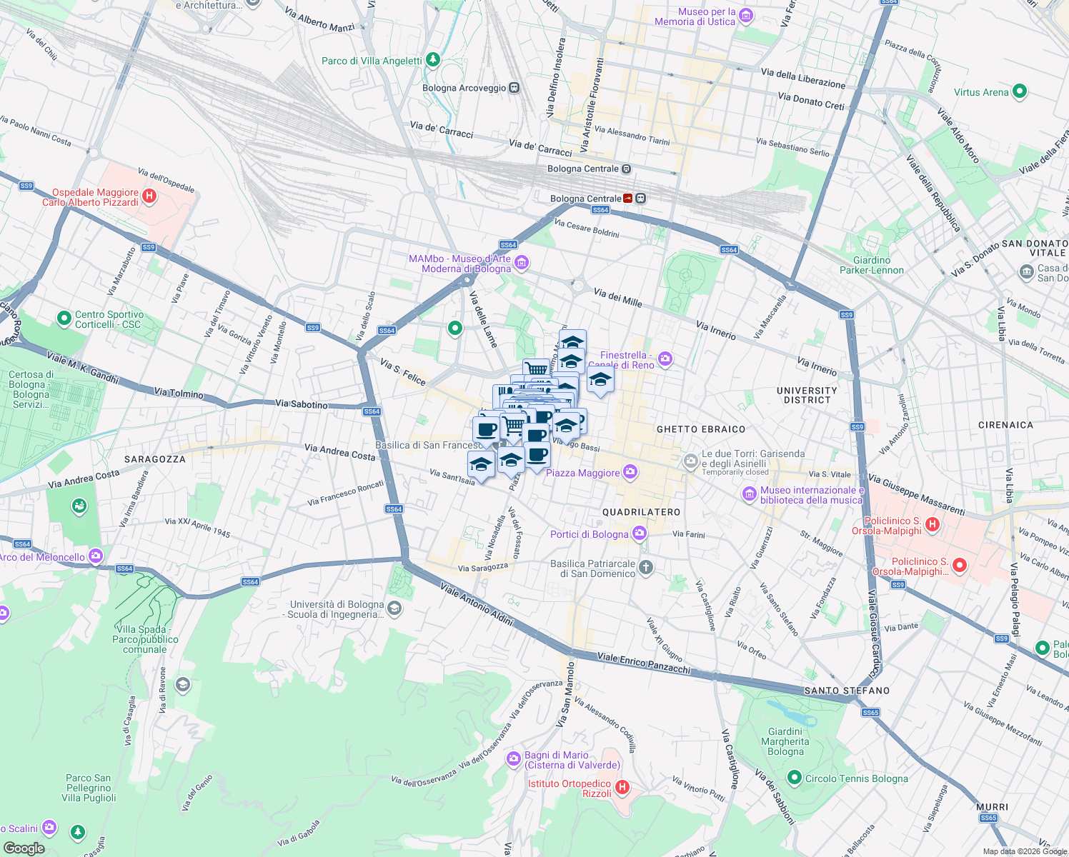 map of restaurants, bars, coffee shops, grocery stores, and more near 1 Via Alfredo Testoni in Bologna