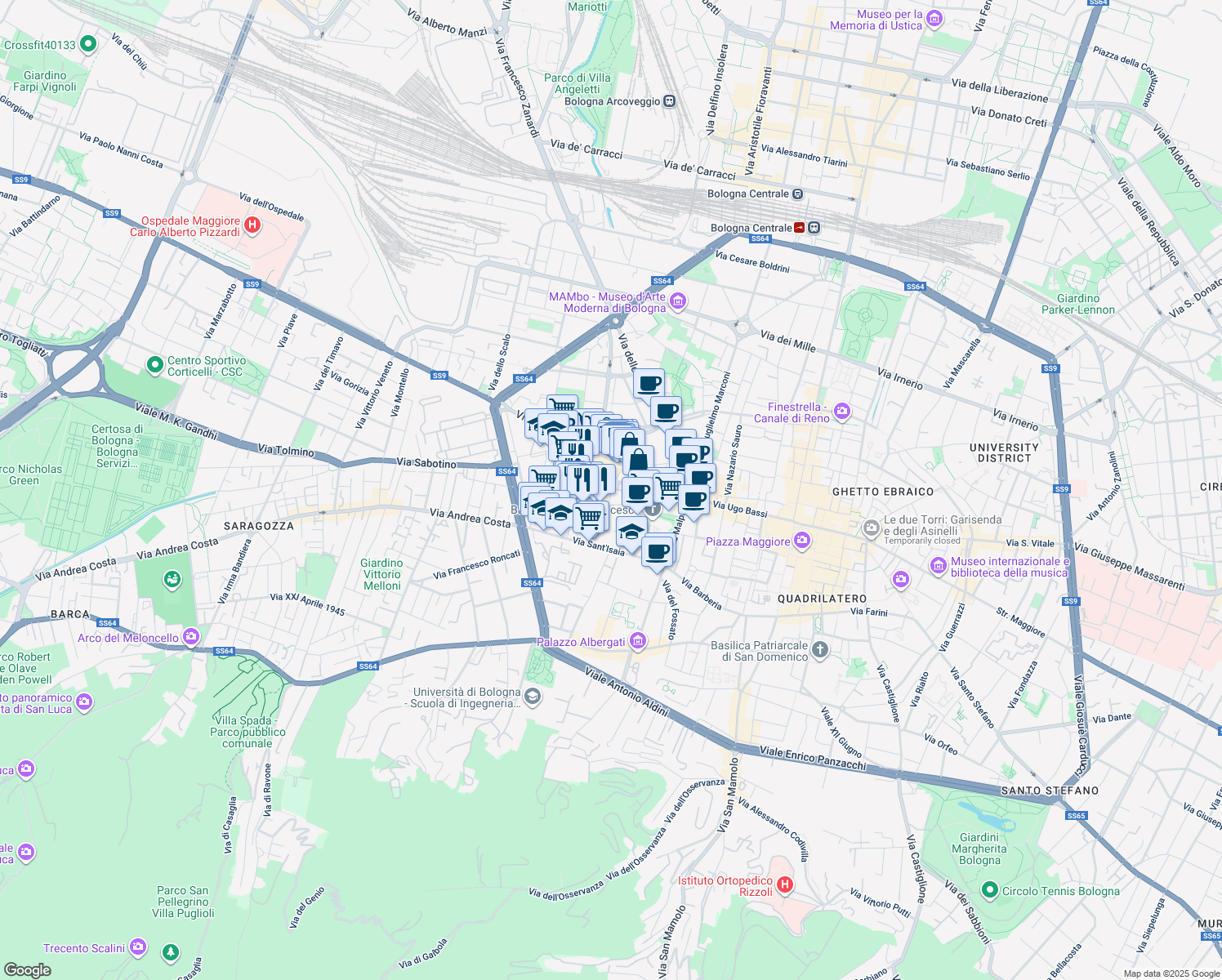map of restaurants, bars, coffee shops, grocery stores, and more near 17 Via Paradiso in Bologna
