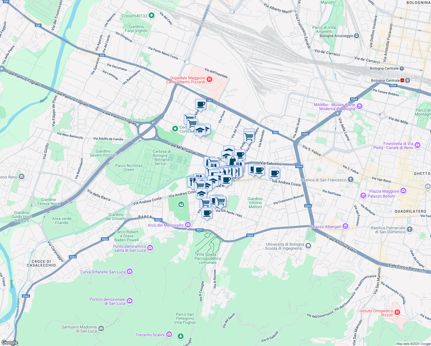map of restaurants, bars, coffee shops, grocery stores, and more near 23 Via Valdossola in Bologna