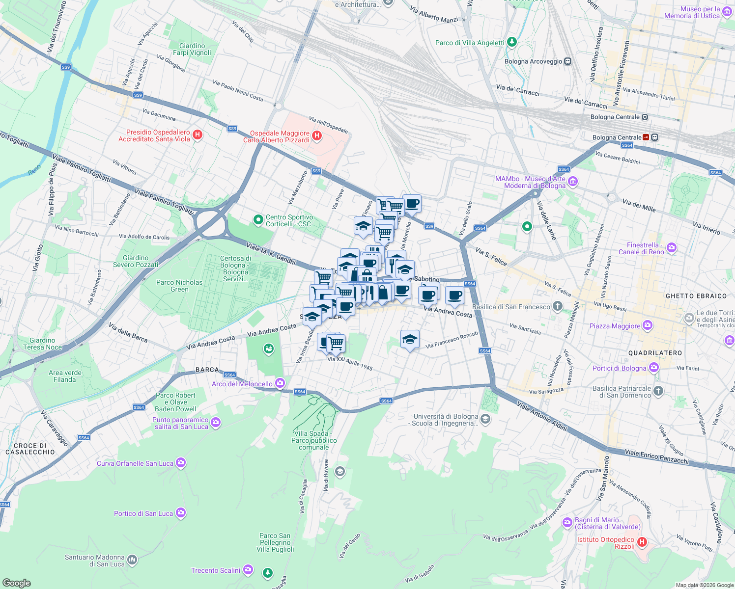 map of restaurants, bars, coffee shops, grocery stores, and more near 12 Via Pier Antonio Rappini in Bologna