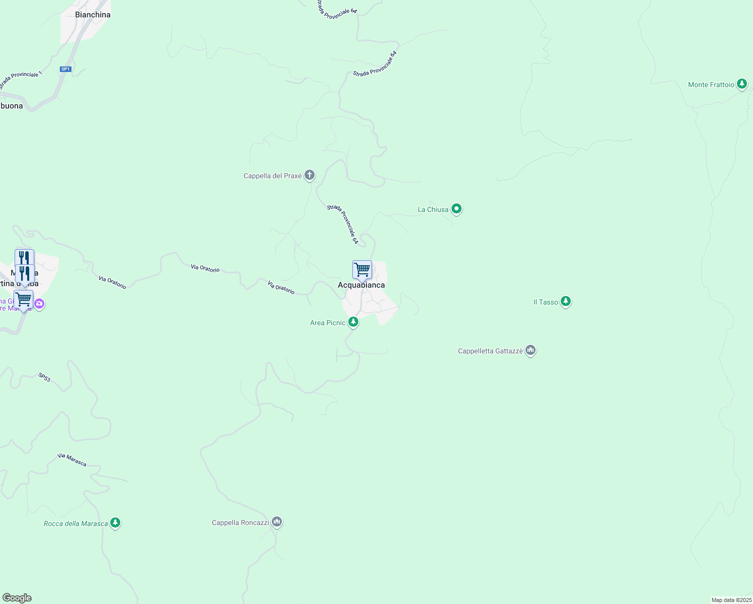 map of restaurants, bars, coffee shops, grocery stores, and more near 43 Via Acquabianca in Acquabianca