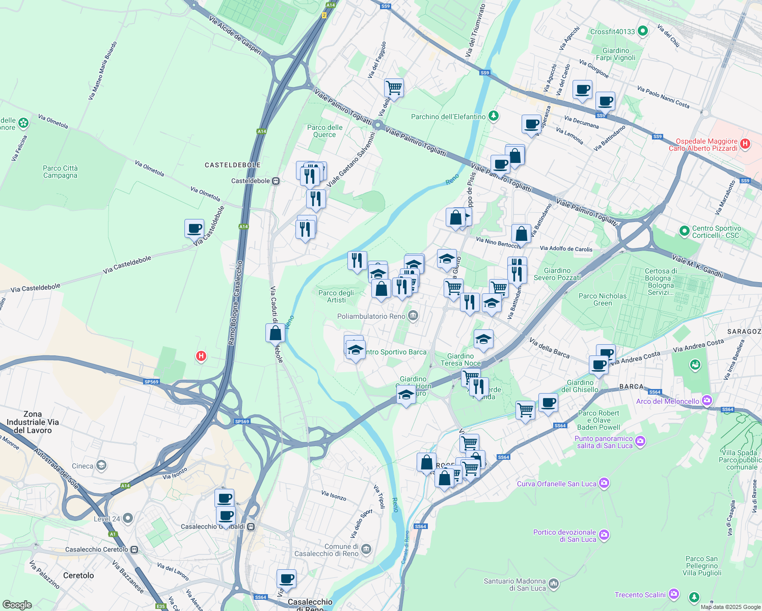 map of restaurants, bars, coffee shops, grocery stores, and more near Via Wolfango Amedeo Mozart in Bologna
