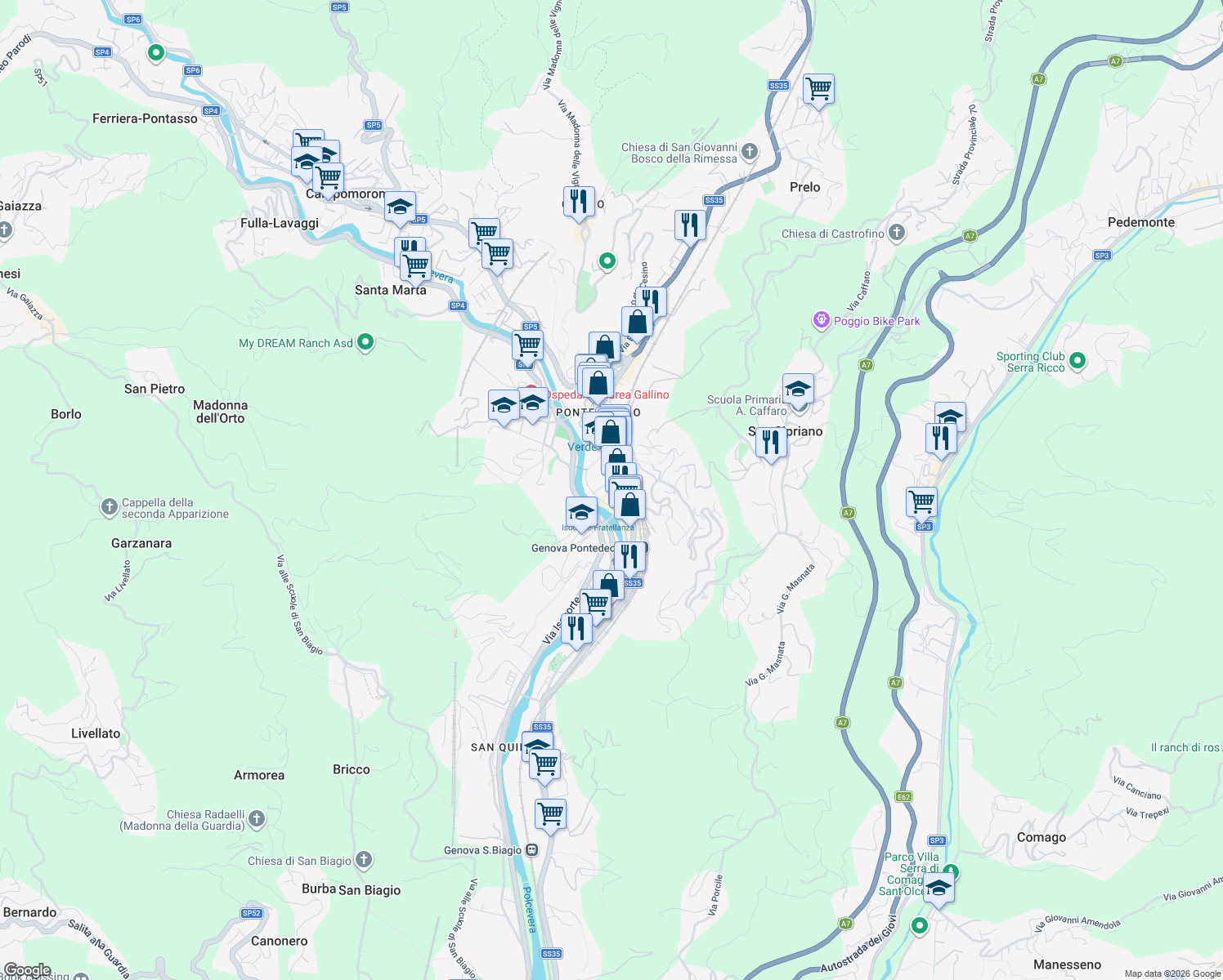 map of restaurants, bars, coffee shops, grocery stores, and more near 28 R Via Guido Poli in Genova
