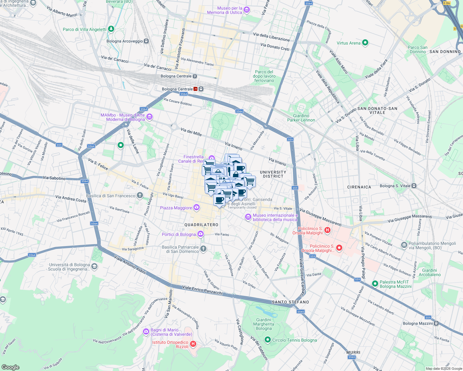 map of restaurants, bars, coffee shops, grocery stores, and more near 4 Via Valdonica in Bologna
