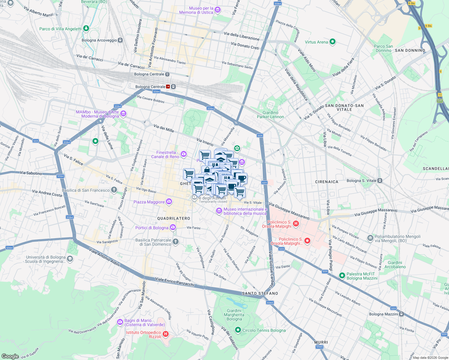 map of restaurants, bars, coffee shops, grocery stores, and more near 4 Via Giuseppe Petroni in Bologna