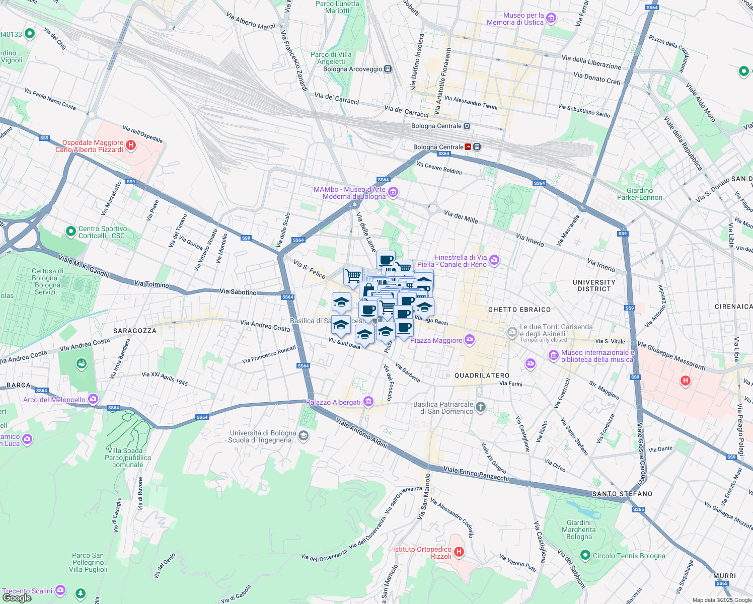 map of restaurants, bars, coffee shops, grocery stores, and more near 14 Via San Felice in Bologna