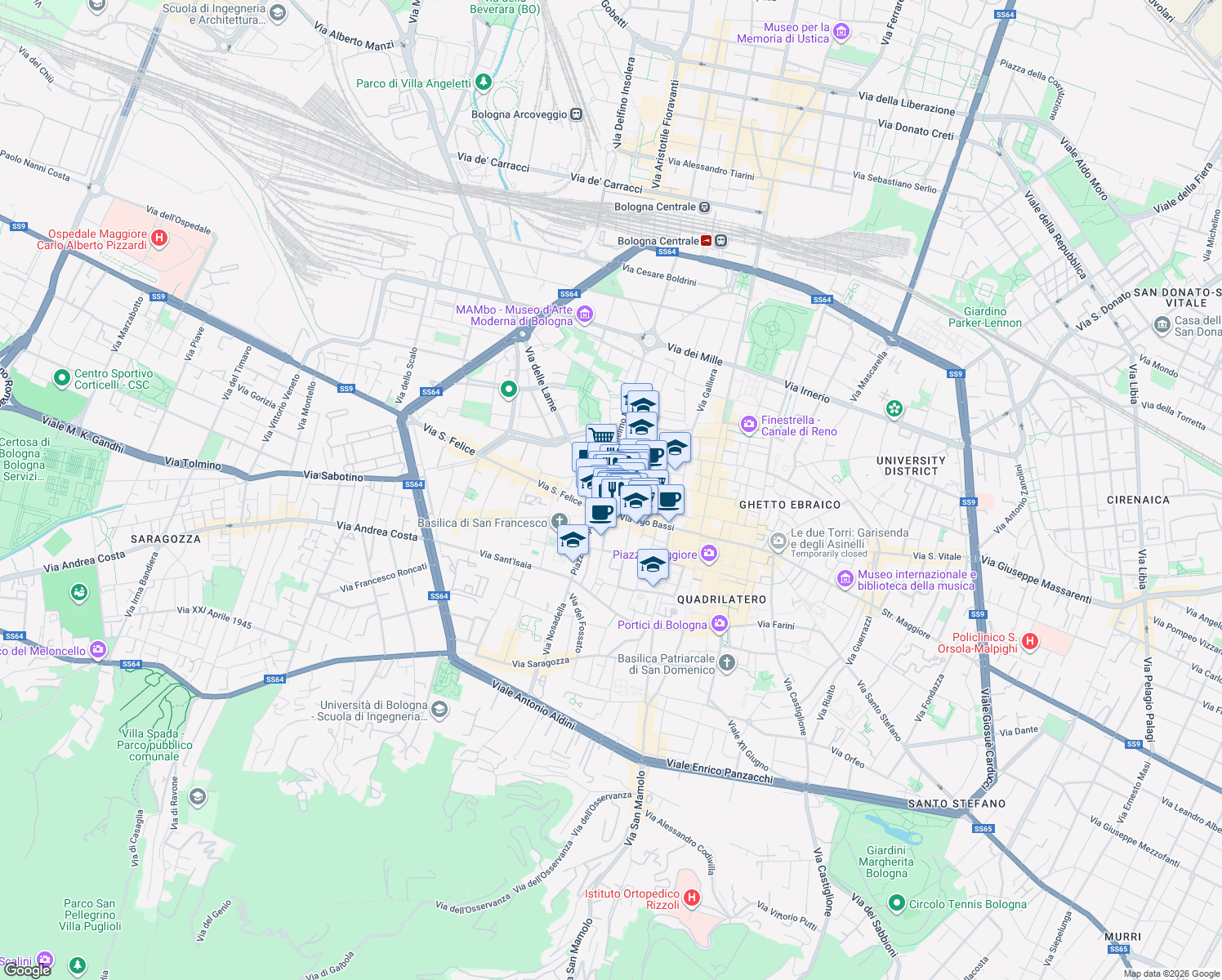 map of restaurants, bars, coffee shops, grocery stores, and more near 21 Via Ugo Bassi in Bologna