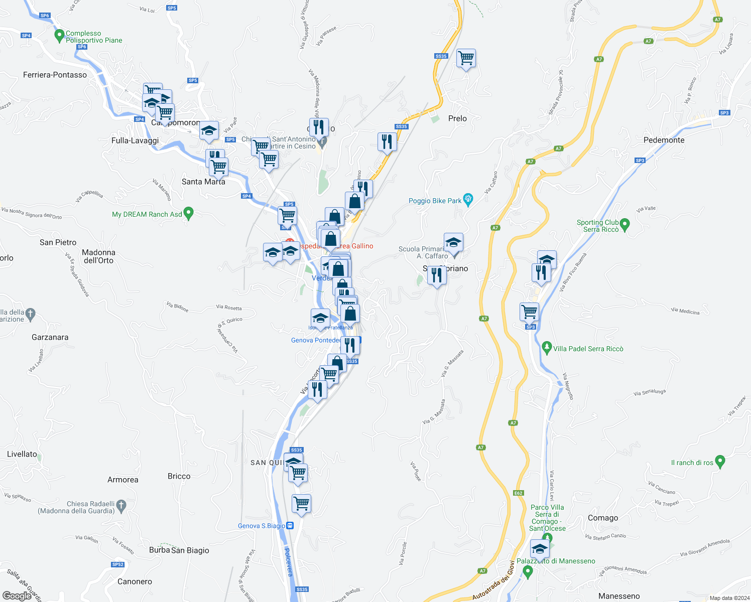 map of restaurants, bars, coffee shops, grocery stores, and more near 26 Via Val D'Astico in Genova