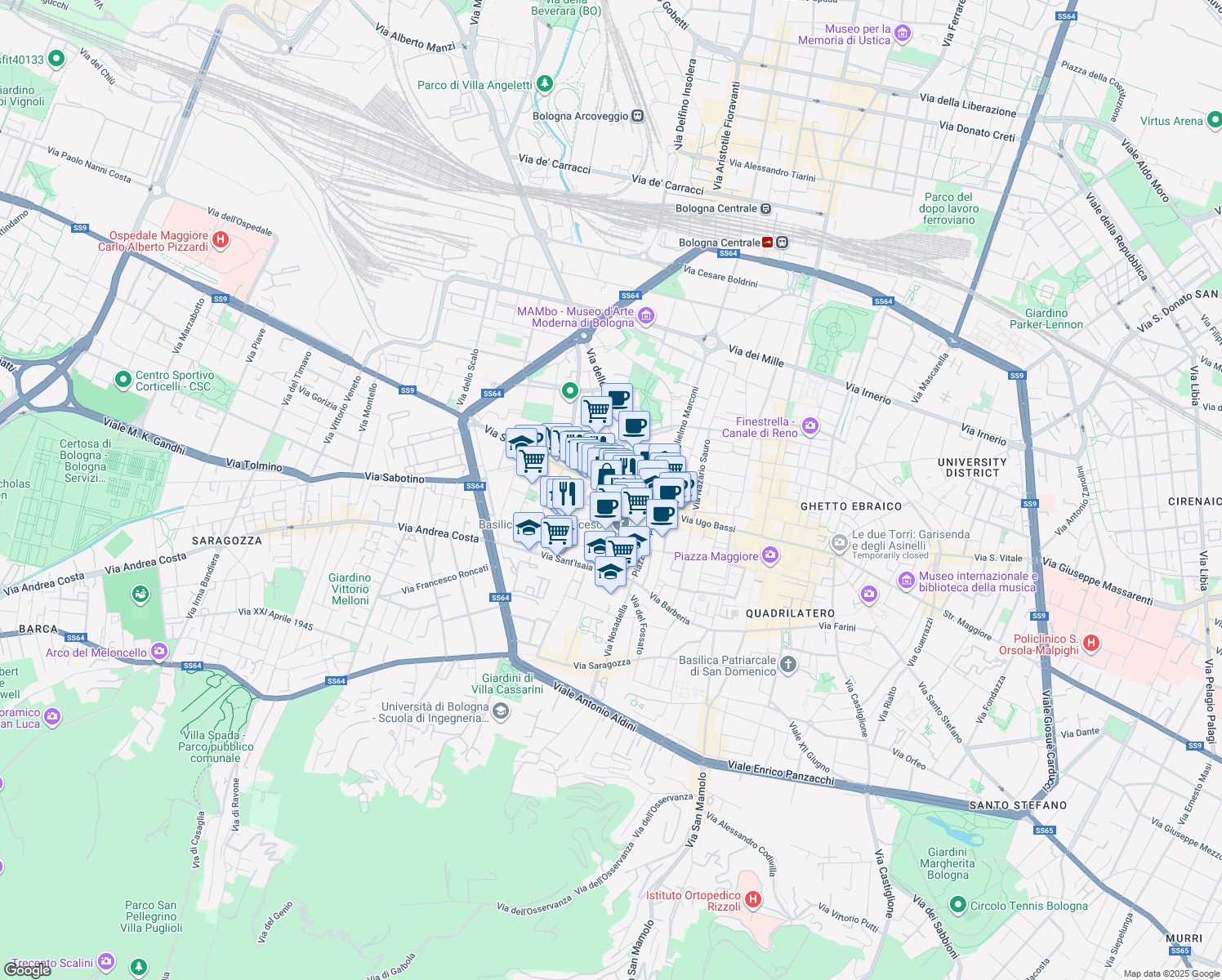 map of restaurants, bars, coffee shops, grocery stores, and more near 23 Via del Pratello in Bologna