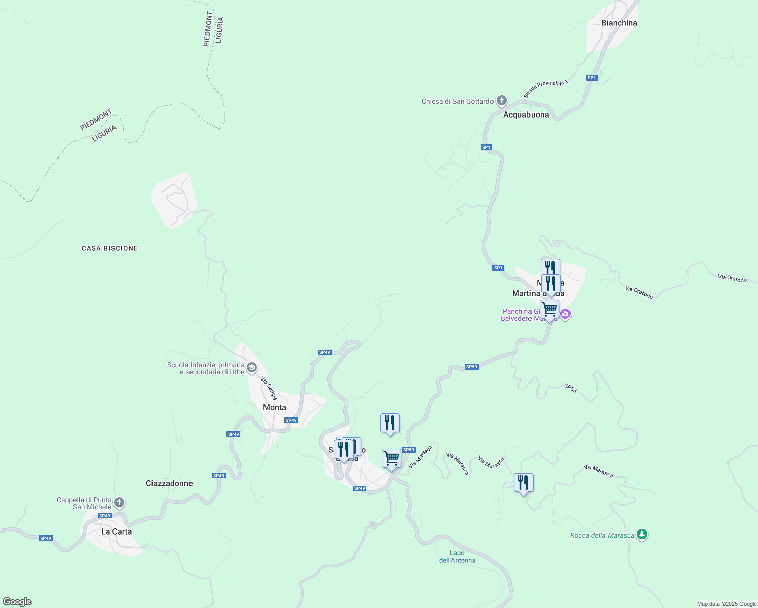 map of restaurants, bars, coffee shops, grocery stores, and more near 22 Via Chiavarino in Provincia di Savona