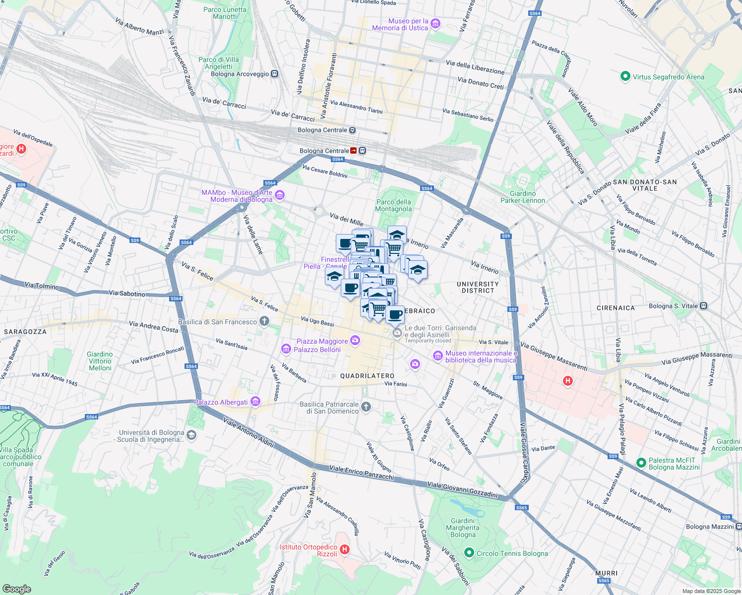 map of restaurants, bars, coffee shops, grocery stores, and more near 9 Via Goito in Bologna