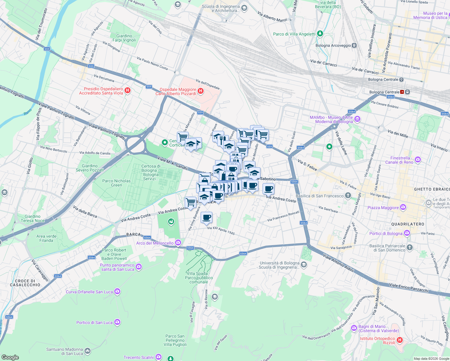 map of restaurants, bars, coffee shops, grocery stores, and more near 24 Via Tolmino in Bologna