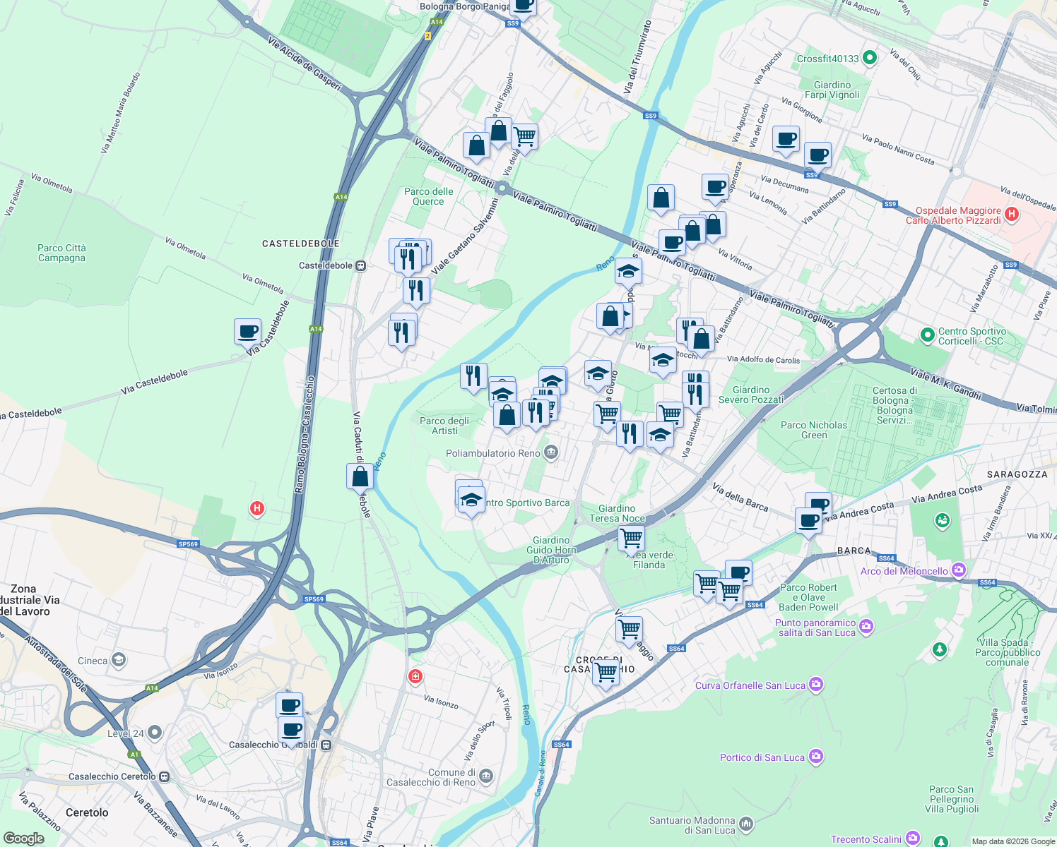 map of restaurants, bars, coffee shops, grocery stores, and more near 3 Via Riccardo Wagner in Bologna