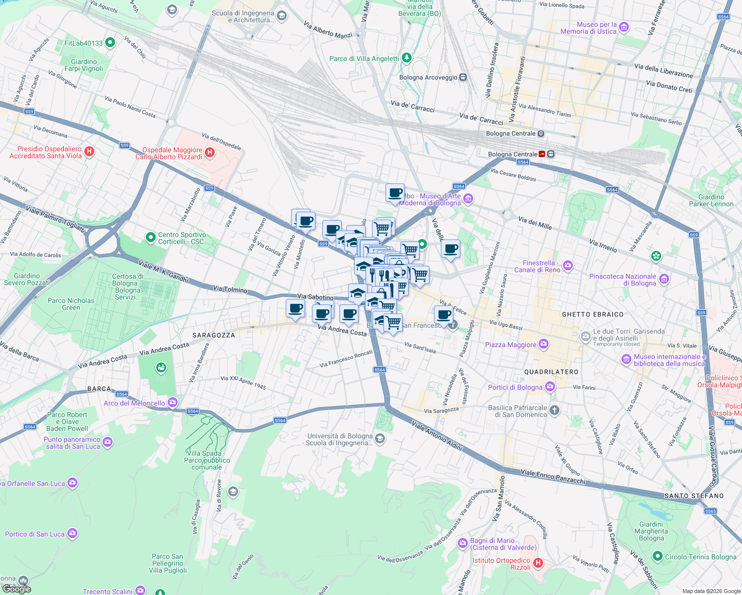map of restaurants, bars, coffee shops, grocery stores, and more near 17 Via Monaldo Calari in Bologna