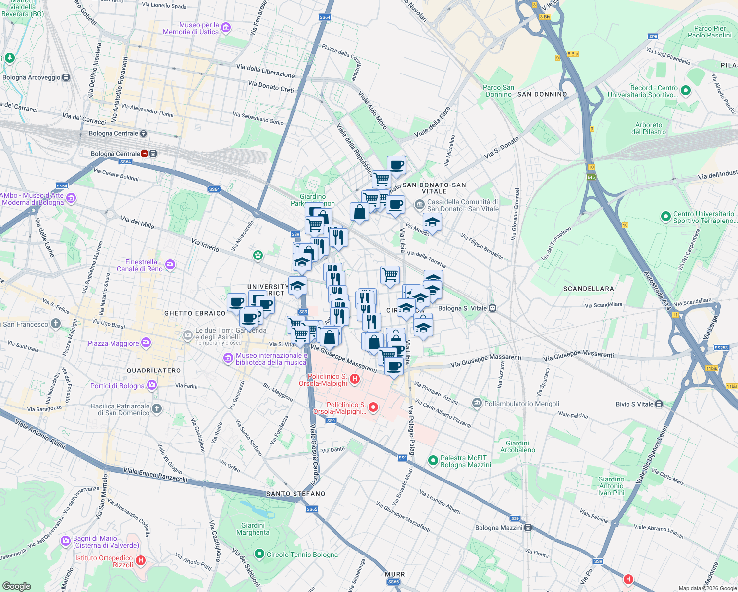 map of restaurants, bars, coffee shops, grocery stores, and more near 75-77 Via Paolo Fabbri in Bologna