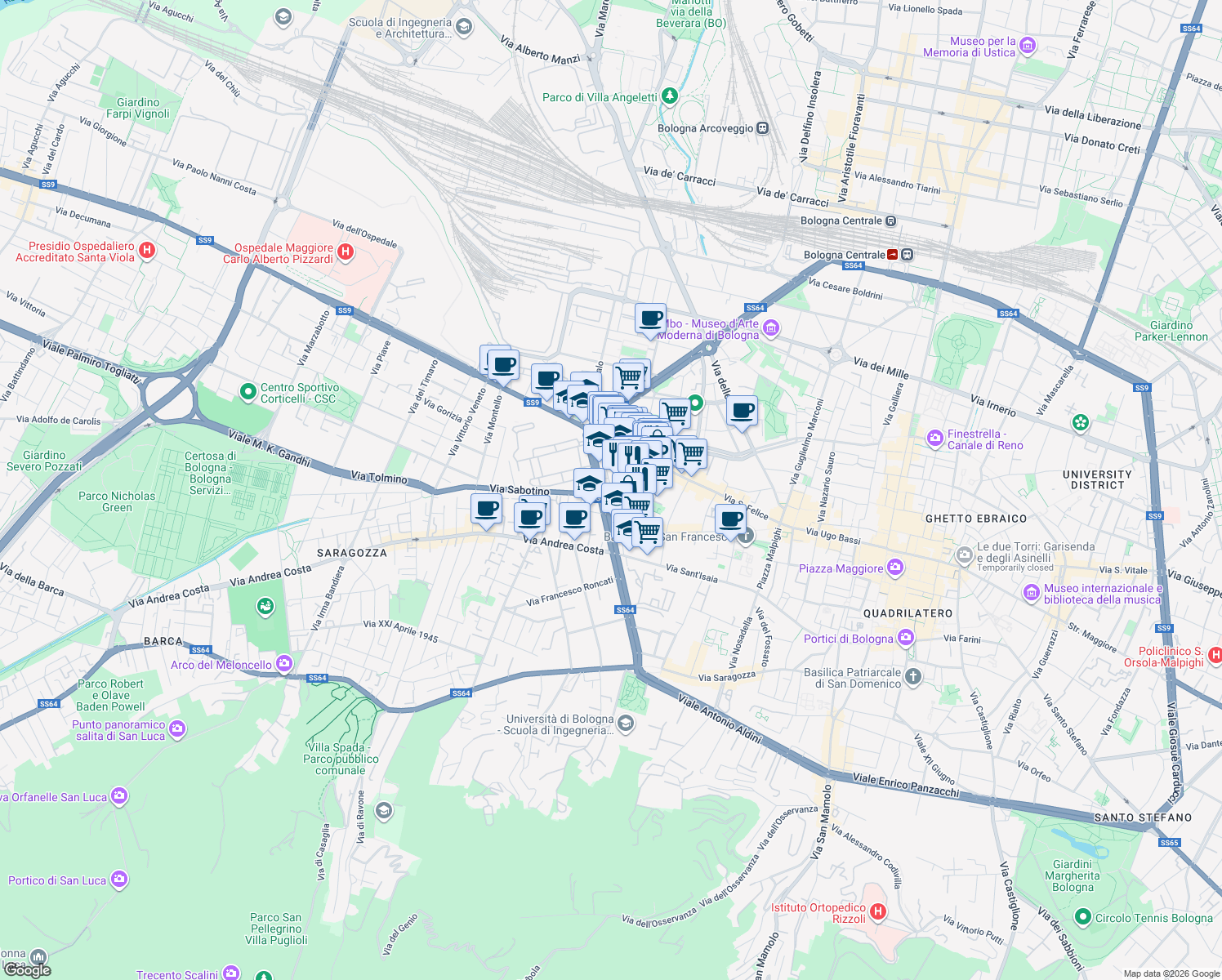 map of restaurants, bars, coffee shops, grocery stores, and more near 17 Via Monaldo Calari in Bologna