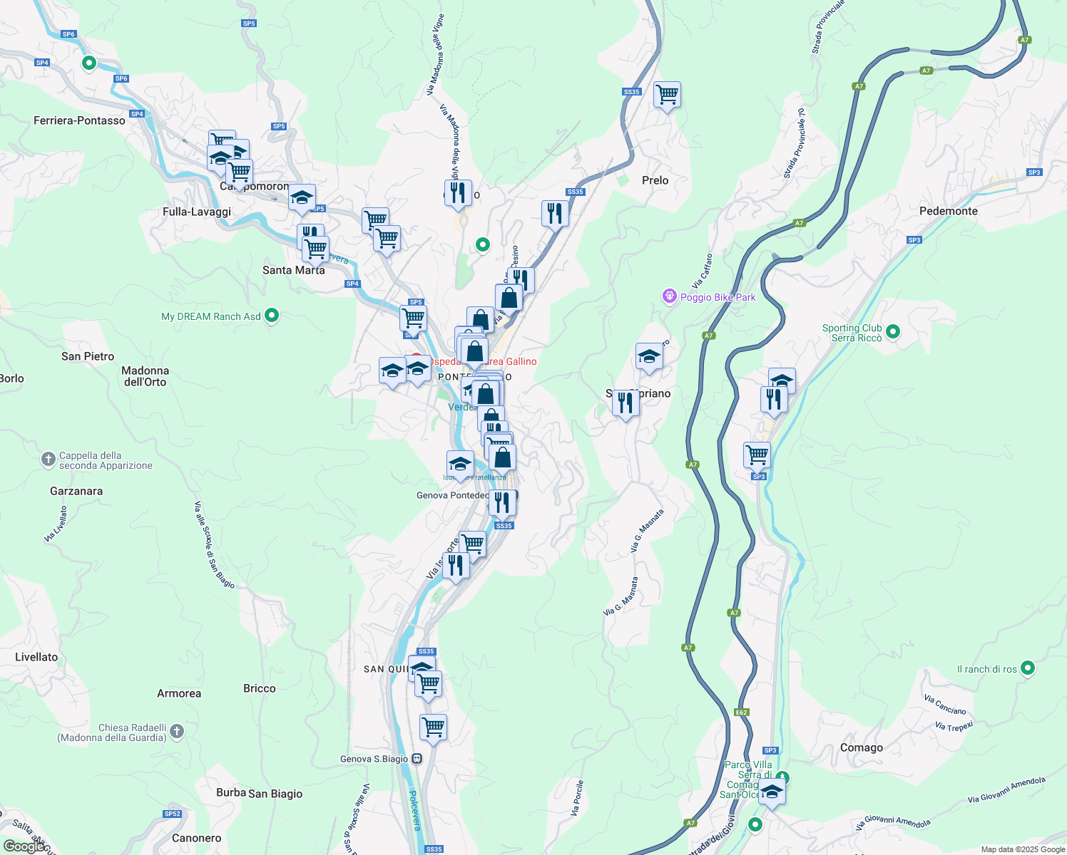 map of restaurants, bars, coffee shops, grocery stores, and more near 25 Via Pietro Dellepiane in Pedemonte