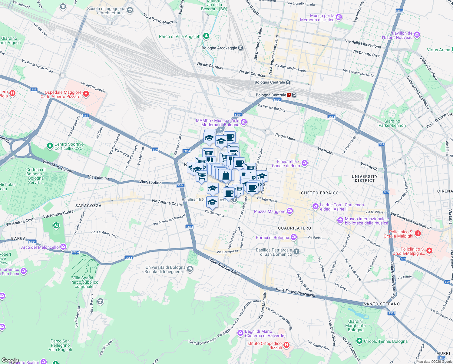 map of restaurants, bars, coffee shops, grocery stores, and more near in Bologna