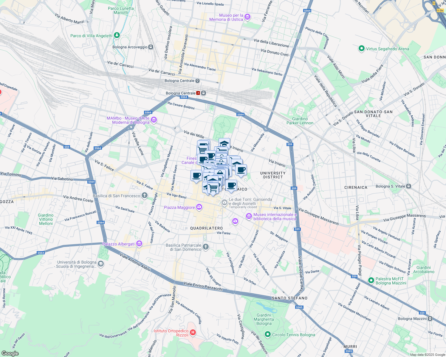 map of restaurants, bars, coffee shops, grocery stores, and more near 1 Via delle Oche in Bologna